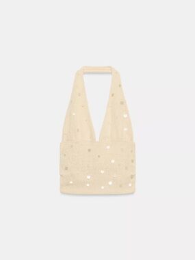 Zara Cream Sequin Knit Halter Top Open Back NWT